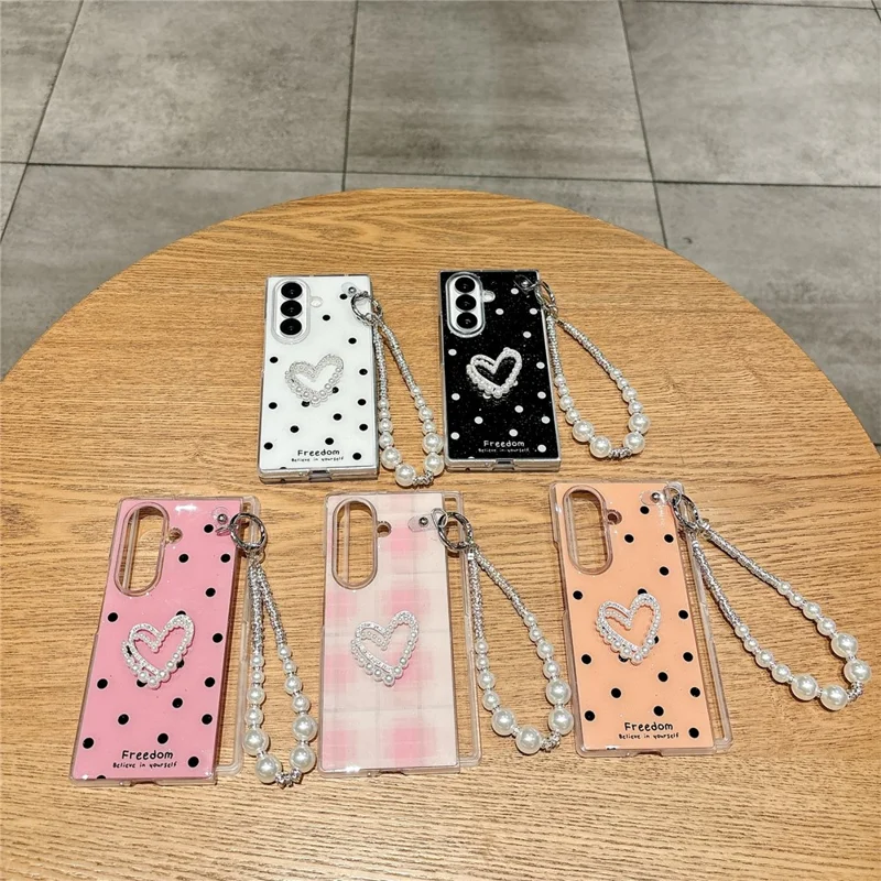 For Samsung Galaxy Z Fold7 5G Case Glitter DIY Heart Charm Phone Cover with Wrist Strap - Polka Dot Pink