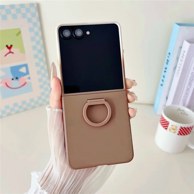 For Samsung Galaxy Z Flip7 5G Case Skin Touch Kickstand PC TPU Phone Cover with Ring Holder - Brown