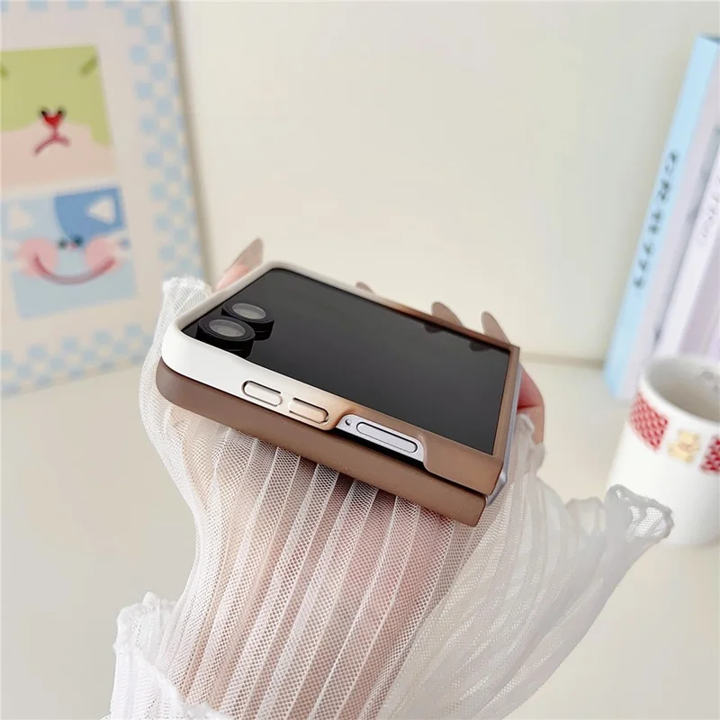 For Samsung Galaxy Z Flip7 5G Case Skin Touch Kickstand PC TPU Phone Cover with Ring Holder - Brown