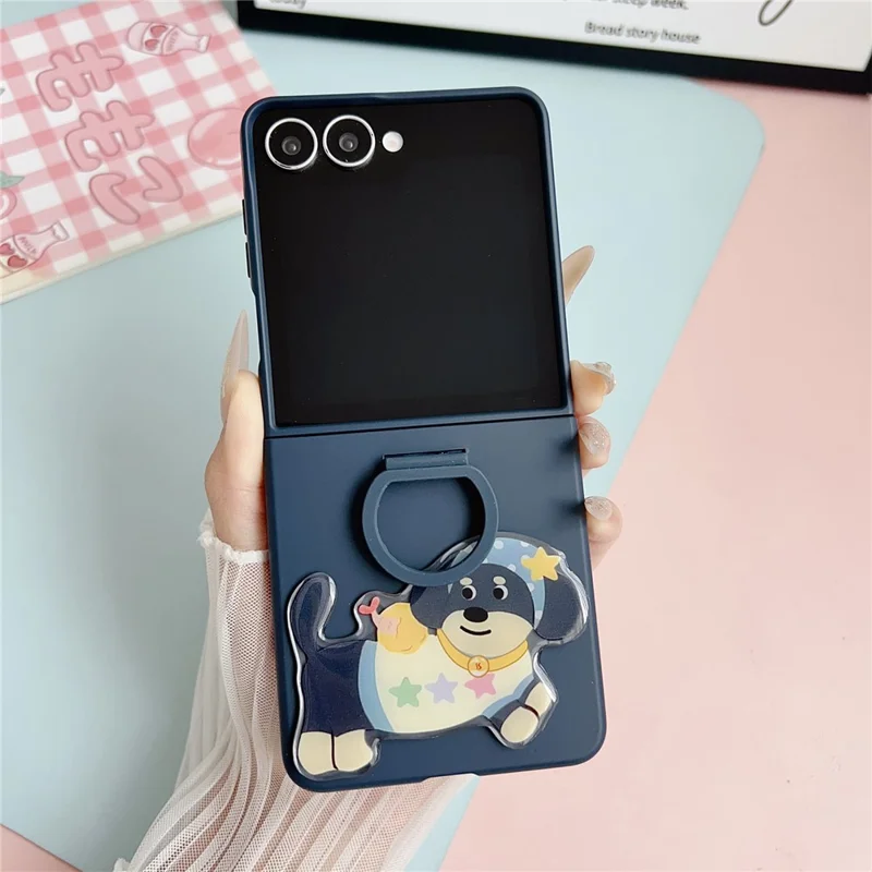 Для Samsung Galaxy Z Flip7 5G Чехол Кожа Сенсорный Силиконовое Кольцо ПК ТПУ Чехол для телефона с Наклейкой Мультяшная Такса - Темно-синий