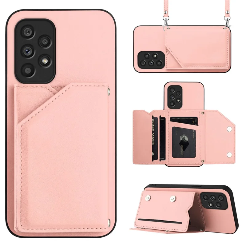 For Samsung Galaxy A53 5G Case Card Holder Kickstand Skin-Touch PU TPU Phone Cover with Shoulder Strap - Pink