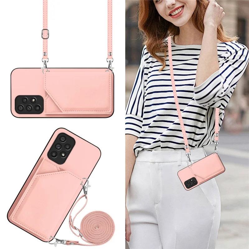 For Samsung Galaxy A53 5G Case Card Holder Kickstand Skin-Touch PU TPU Phone Cover with Shoulder Strap - Pink