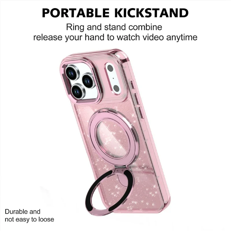 For iPhone 17 Pro Case Glitter Design TPU + PC Kickstand Phone Protector - Pink