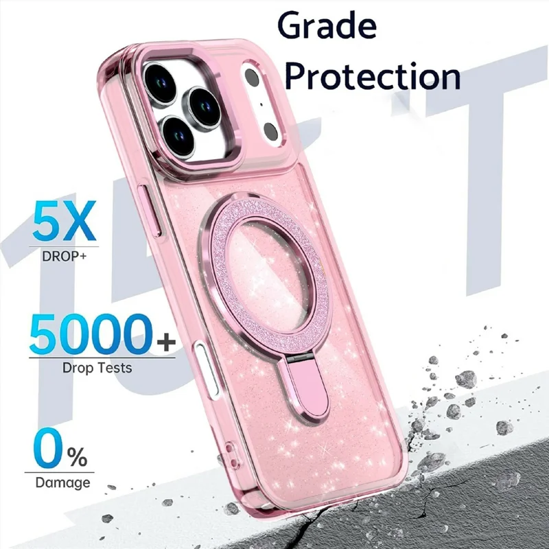 For iPhone 17 Pro Case Glitter Design TPU + PC Kickstand Phone Protector - Pink