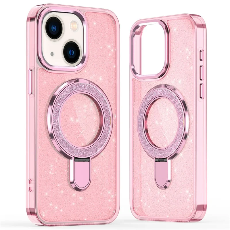 For iPhone 14 Case Glitter Design TPU + PC Kickstand Phone Protector - Pink