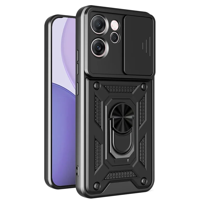 For Oppo Reno14 F 5G Case with Slide Camera Lid PC + TPU Kickstand Phone Cover - Black
