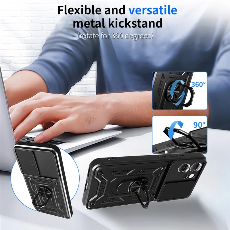 For Oppo Reno14 F 5G Case with Slide Camera Lid PC + TPU Kickstand Phone Cover - Black