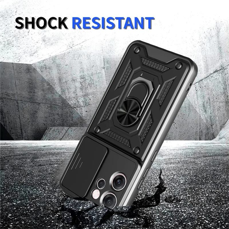 For Oppo Reno14 F 5G Case with Slide Camera Lid PC + TPU Kickstand Phone Cover - Black