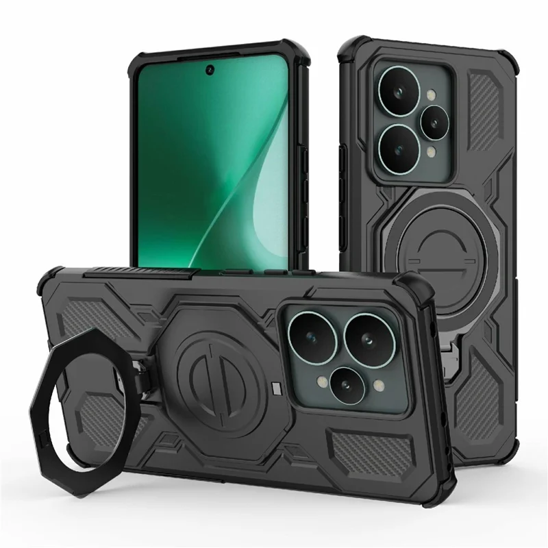 For Realme 15 5G Magnetic Case Rotating Metal Kickstand Shockproof PC + TPU Phone Back Cover - Black