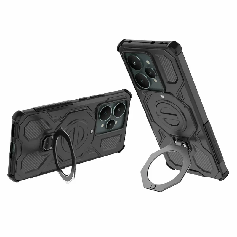 For Realme 15 5G Magnetic Case Rotating Metal Kickstand Shockproof PC + TPU Phone Back Cover - Black