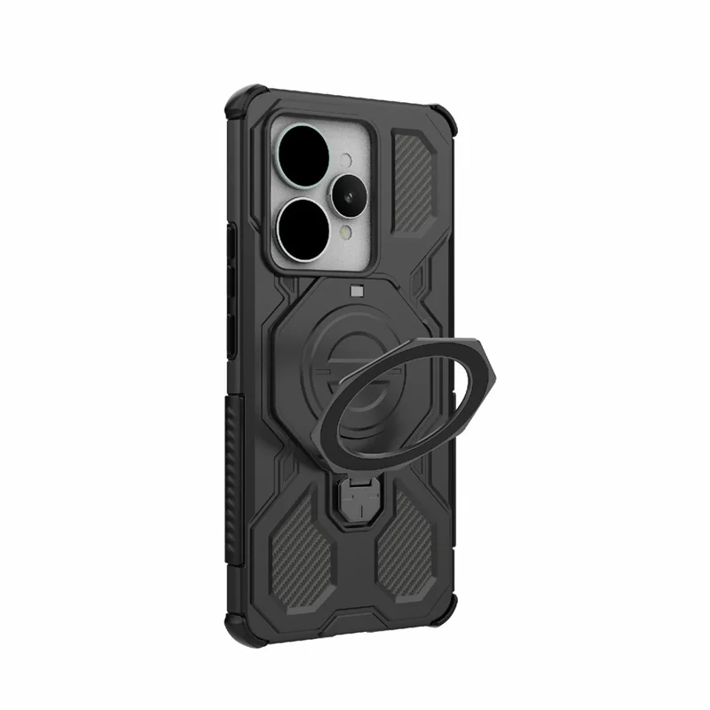 For Realme 15 5G Magnetic Case Rotating Metal Kickstand Shockproof PC + TPU Phone Back Cover - Black