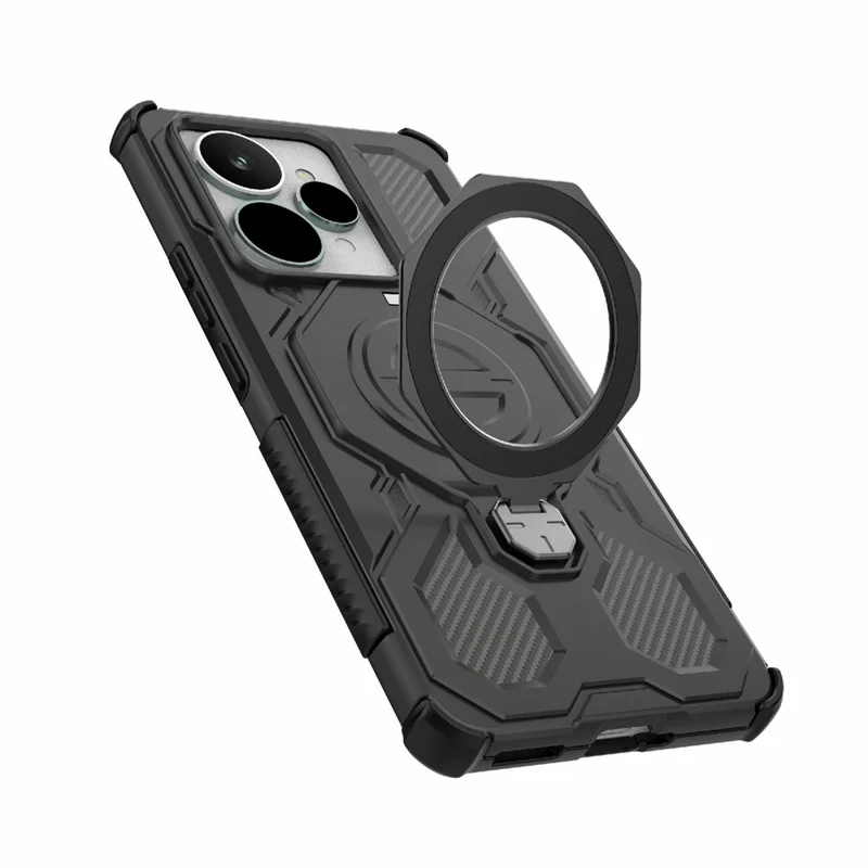 For Realme 15 5G Magnetic Case Rotating Metal Kickstand Shockproof PC + TPU Phone Back Cover - Black