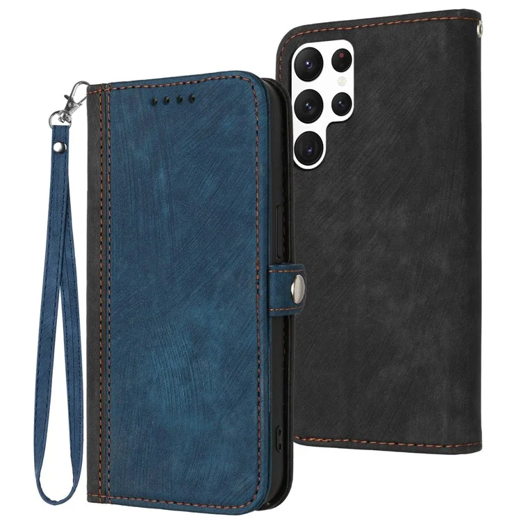 YX0020 Para Samsung Galaxy S22 Ultra 5G Case de Teléfono, Soporte Horizontal Dual Magnético PU Capilla de Cubierta de Cuero Con Correa - Zafiro