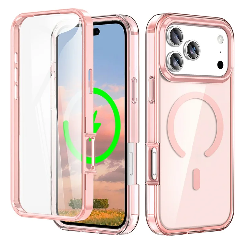 Für iPhone 17 Pro Hülle kompatibel mit MagSafe PC + TPU Klare Handyhülle mit PET-Bildschirmfolie - Pink