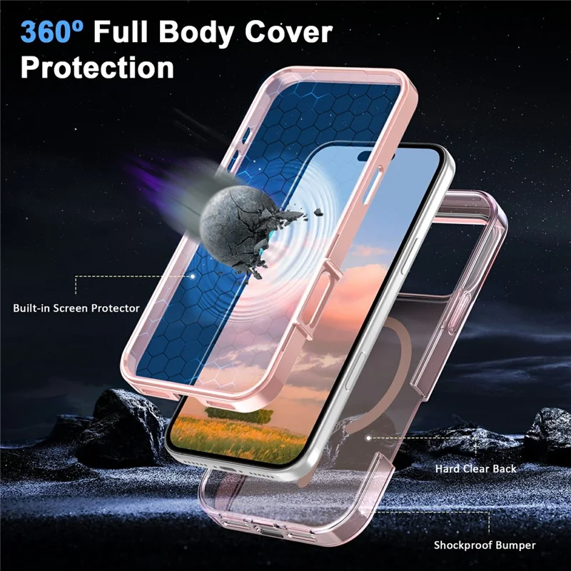 For iPhone 17 Pro Max Case Compatible with MagSafe PC + TPU Clear Phone Cover with PET Screen Film - Pink