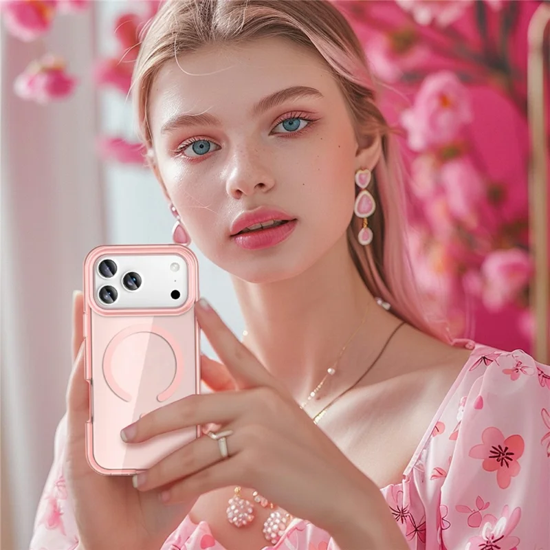 For iPhone 17 Pro Max Case Compatible with MagSafe PC + TPU Clear Phone Cover with PET Screen Film - Pink