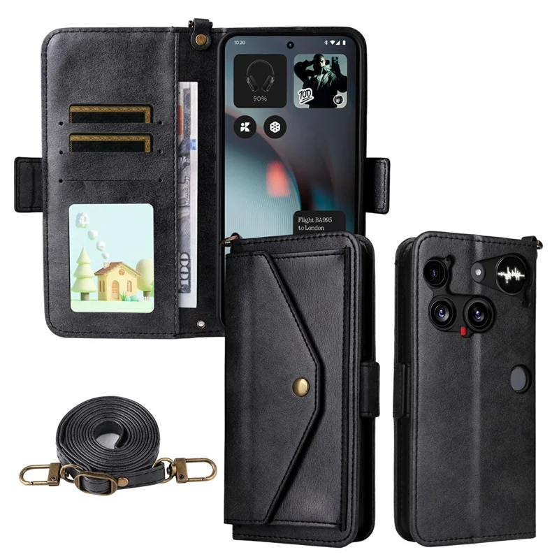 Funda de Cuero para Teléfono Nothing Phone (3) 5G con Cierre Magnético, Soporte y Correa Cruzada - Negro