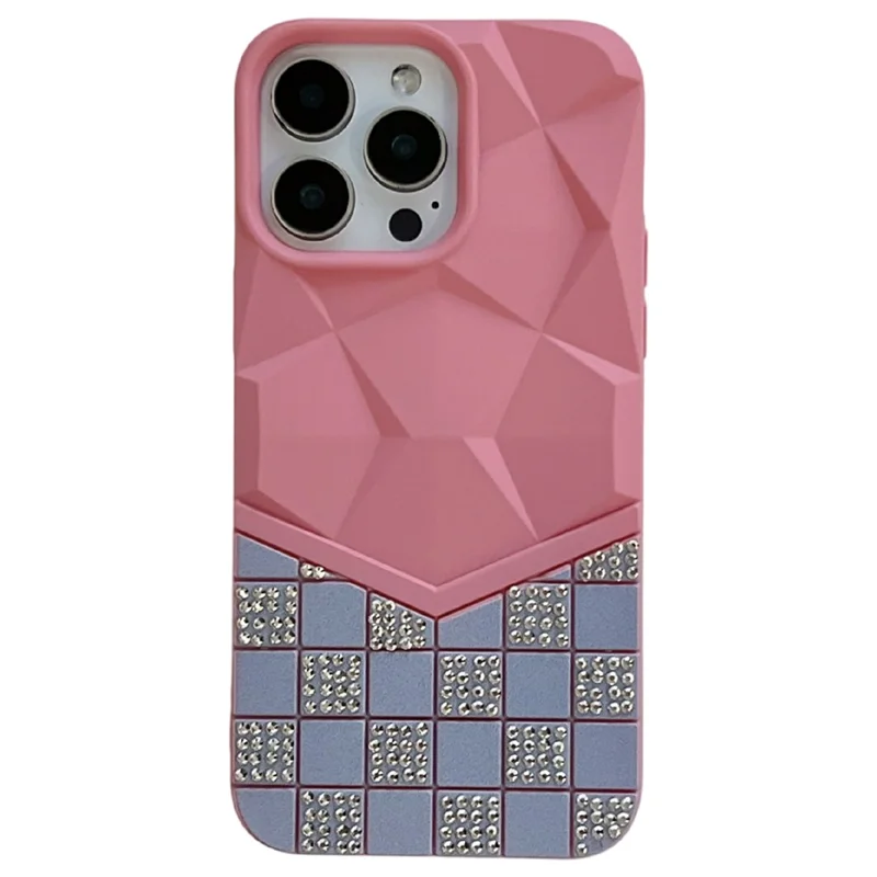 For iPhone 16 Pro Max Case Geometric Diamond Pattern Rhinestone Decor Rubberized TPU Phone Cover - Pink