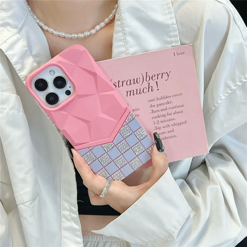 For iPhone 16 Pro Max Case Geometric Diamond Pattern Rhinestone Decor Rubberized TPU Phone Cover - Pink