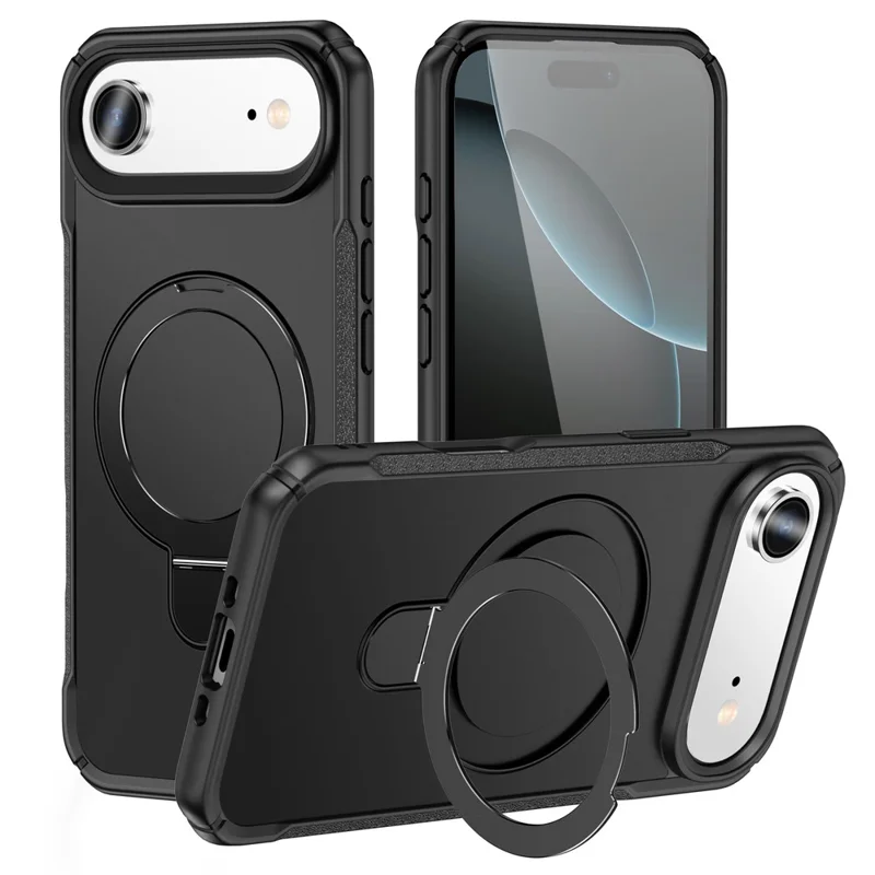 For iPhone Air Shockproof Case TPU + PC Phone Cover Compatible with MagSafe Rotating Kickstand - Black
