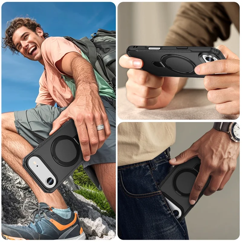 For iPhone Air Shockproof Case TPU + PC Phone Cover Compatible with MagSafe Rotating Kickstand - Black