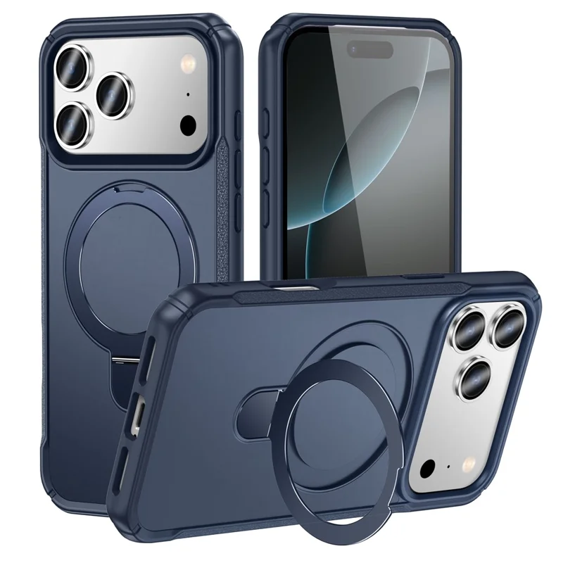 For iPhone 17 Pro Max Shockproof Case TPU + PC Phone Cover Compatible with MagSafe Rotating Kickstand - Sapphire