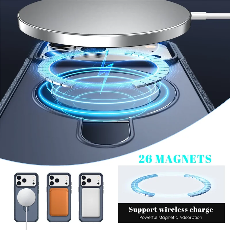 For iPhone 17 Pro Max Shockproof Case TPU + PC Phone Cover Compatible with MagSafe Rotating Kickstand - Sapphire