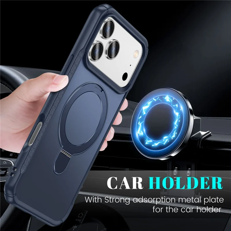 For iPhone 17 Pro Max Shockproof Case TPU + PC Phone Cover Compatible with MagSafe Rotating Kickstand - Sapphire