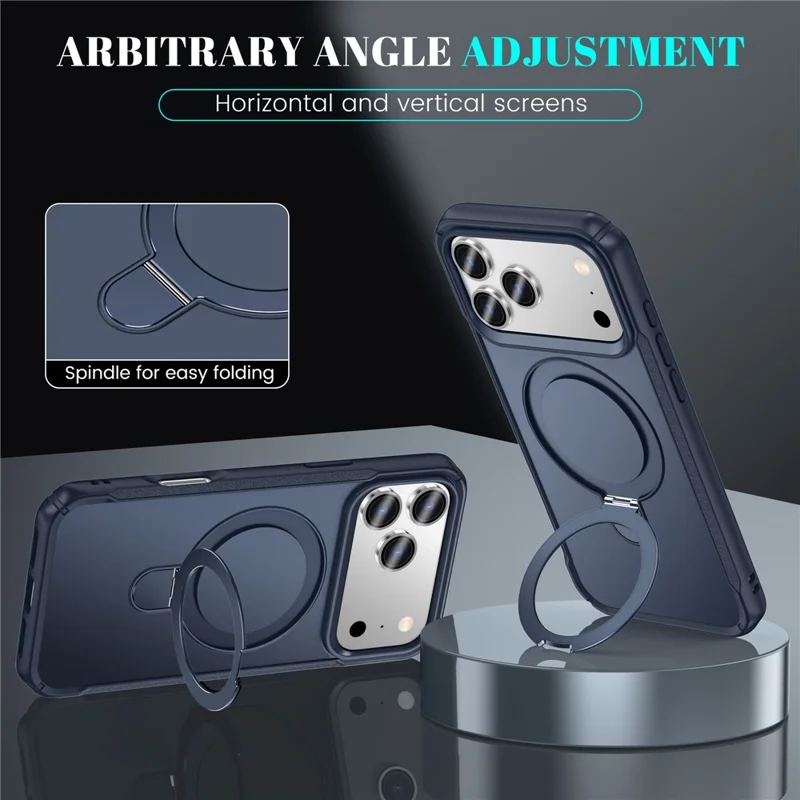 For iPhone 17 Pro Max Shockproof Case TPU + PC Phone Cover Compatible with MagSafe Rotating Kickstand - Sapphire