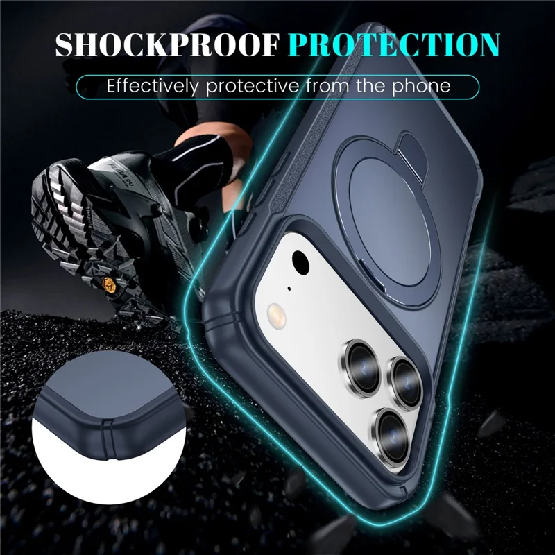 For iPhone 17 Pro Max Shockproof Case TPU + PC Phone Cover Compatible with MagSafe Rotating Kickstand - Sapphire