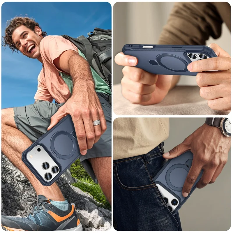 For iPhone 17 Pro Max Shockproof Case TPU + PC Phone Cover Compatible with MagSafe Rotating Kickstand - Sapphire