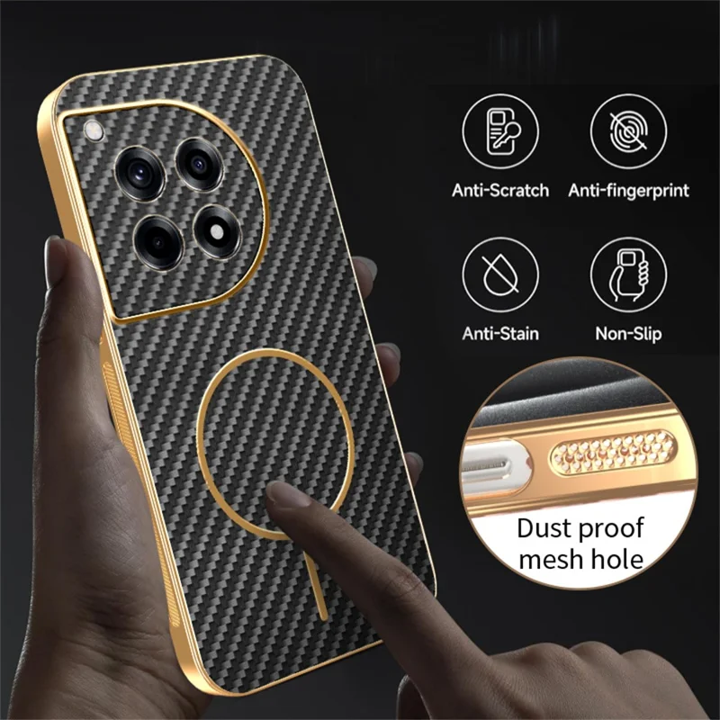 For OnePlus Ace 3 5G  /  12R 5G Phone Case Carbon Fiber Textured Electroplated TPU Back Cover - Black