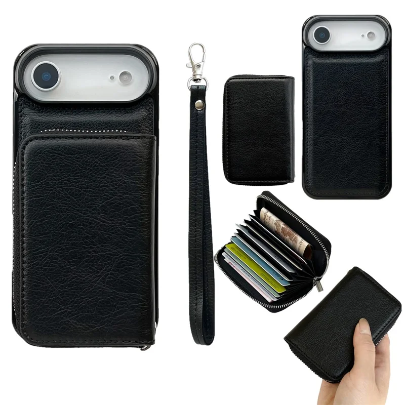 For iPhone Air Case Detachable Zipper Card Bag PU TPU Kickstand Phone Case with Strap - Black