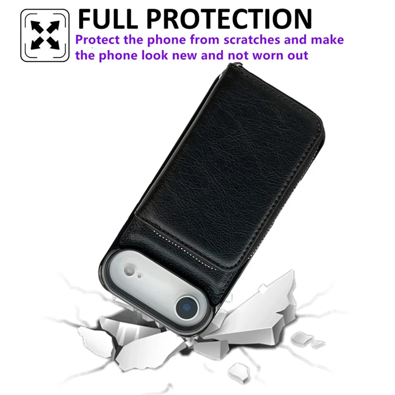 For iPhone Air Case Detachable Zipper Card Bag PU TPU Kickstand Phone Case with Strap - Black