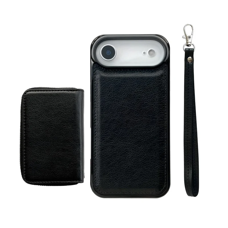 For iPhone Air Case Detachable Zipper Card Bag PU TPU Kickstand Phone Case with Strap - Black
