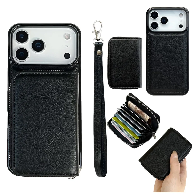 For iPhone 17 Pro Case Detachable Zipper Card Bag PU TPU Kickstand Phone Case with Strap - Black