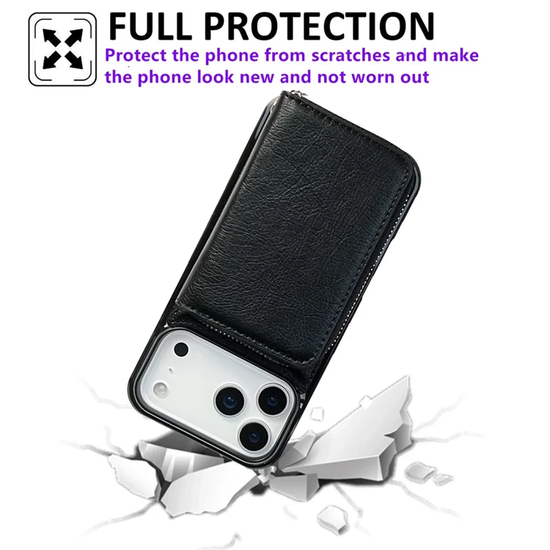 For iPhone 17 Pro Case Detachable Zipper Card Bag PU TPU Kickstand Phone Case with Strap - Black