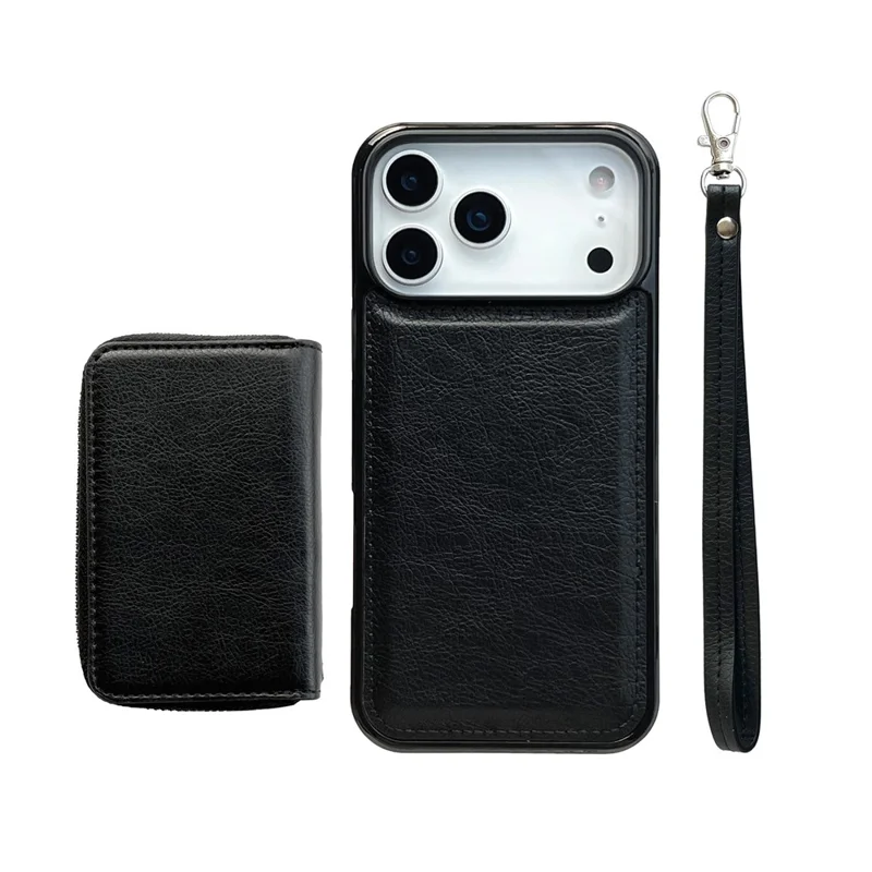 For iPhone 17 Pro Case Detachable Zipper Card Bag PU TPU Kickstand Phone Case with Strap - Black