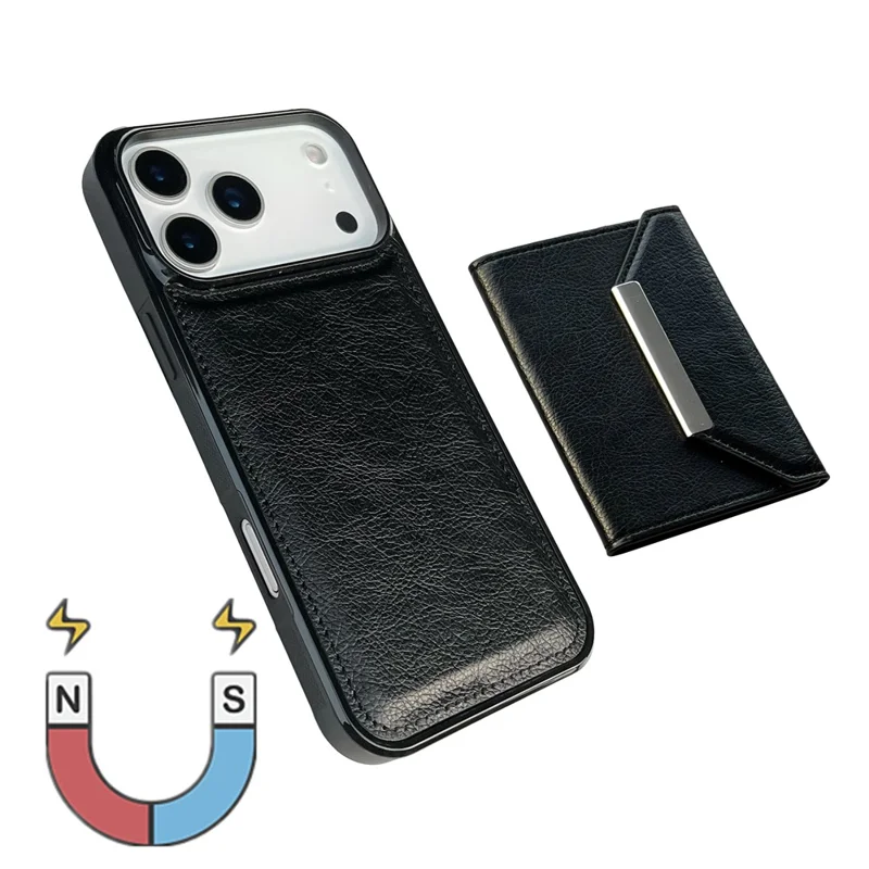For iPhone 17 Pro Case Card Bag Kickstand TPU + PU Phone Cover - Black