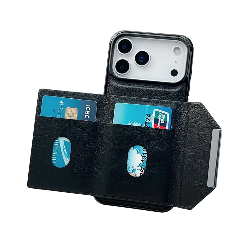 For iPhone 17 Pro Case Card Bag Kickstand TPU + PU Phone Cover - Black