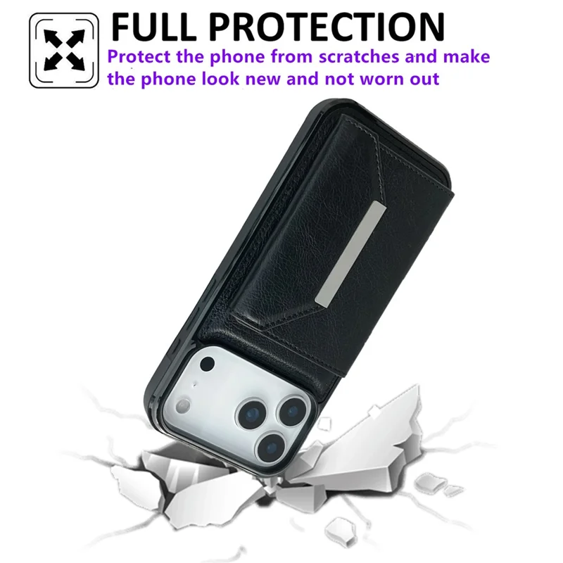 For iPhone 17 Pro Case Card Bag Kickstand TPU + PU Phone Cover - Black