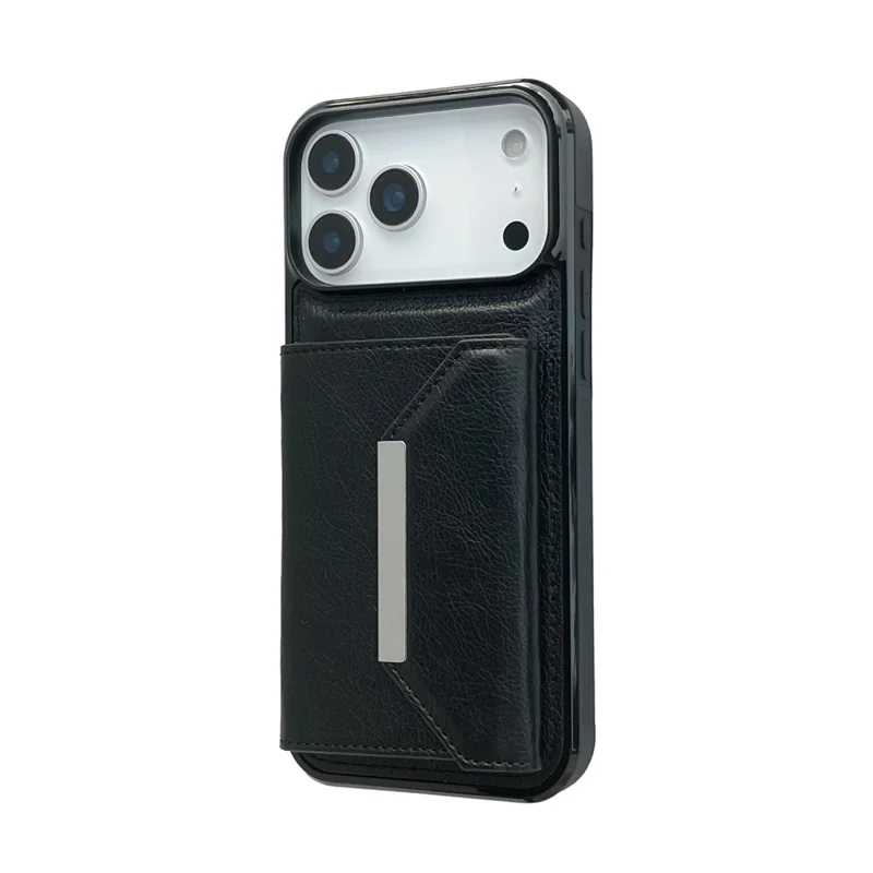 For iPhone 17 Pro Case Card Bag Kickstand TPU + PU Phone Cover - Black