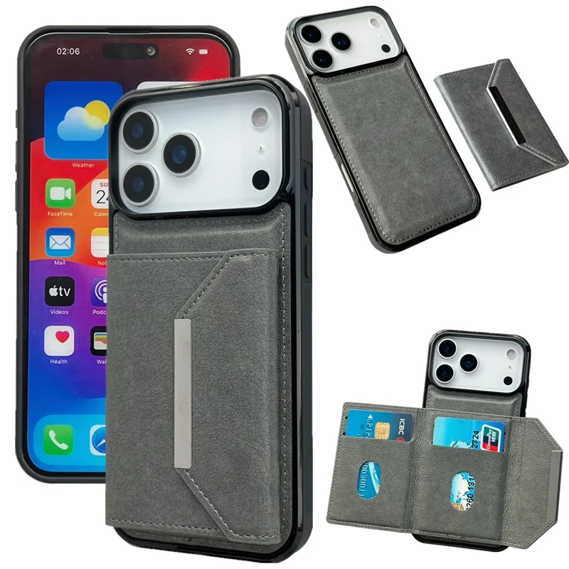 For iPhone 17 Pro Max Case Card Bag Kickstand TPU + PU Phone Cover - Grey