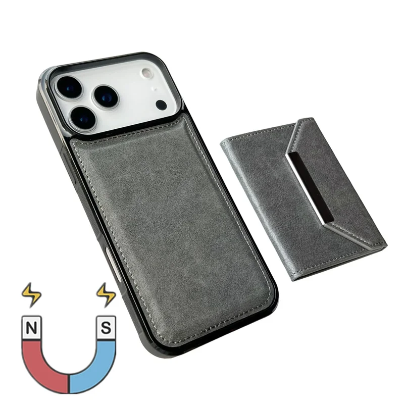 For iPhone 17 Pro Max Case Card Bag Kickstand TPU + PU Phone Cover - Grey
