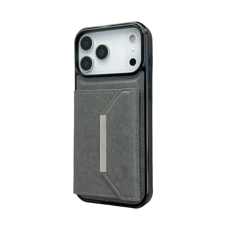 For iPhone 17 Pro Max Case Card Bag Kickstand TPU + PU Phone Cover - Grey