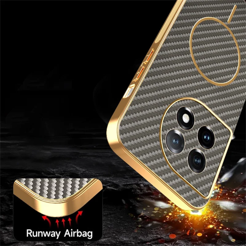 For OnePlus 11 5G  /  11 Pro 5G Phone Case Carbon Fiber Textured Electroplated TPU Back Cover - Coffee