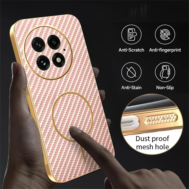 For OnePlus 13 Phone Case Carbon Fiber Textured Electroplated TPU Back Cover - Pink
