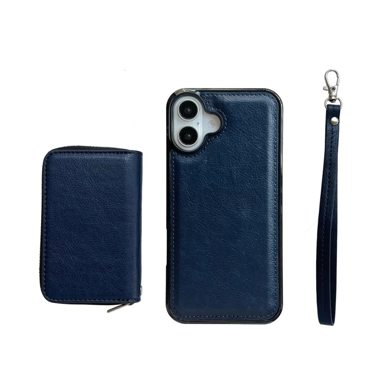 For iPhone 17 Case Detachable Zipper Card Bag PU TPU Kickstand Phone Case with Strap - Sapphire