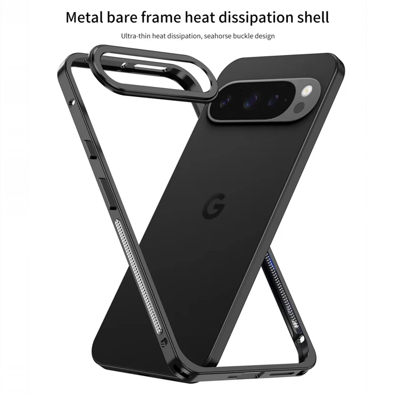 For Google Pixel 10 Pro XL Bumper Cases Metal Frame Heat Dissipation Cover with Lens Protector - Black