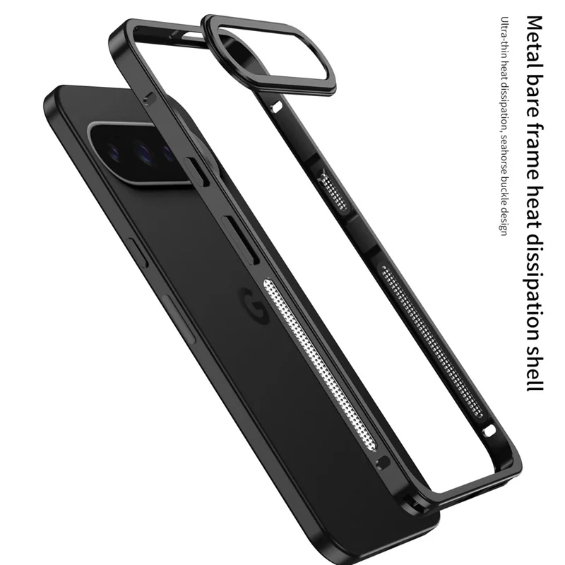 For Google Pixel 10 Pro XL Bumper Cases Metal Frame Heat Dissipation Cover with Lens Protector - Black